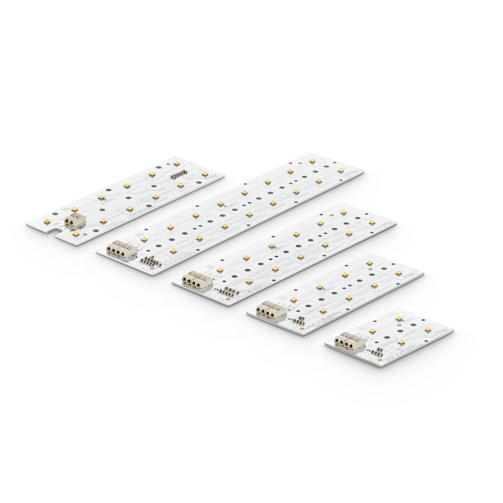 Philips Fortimo FastFlex DA & DP Gen 5, familiefoto van 5 witte LED-modules in verschillende uitvoeringen