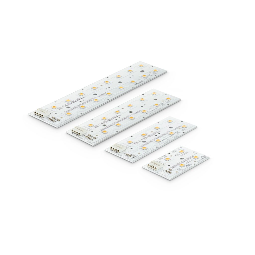 Philips Fortimo FastFlex UHE, familiefoto van 4 witte LED-modules in verschillende uitvoeringen
