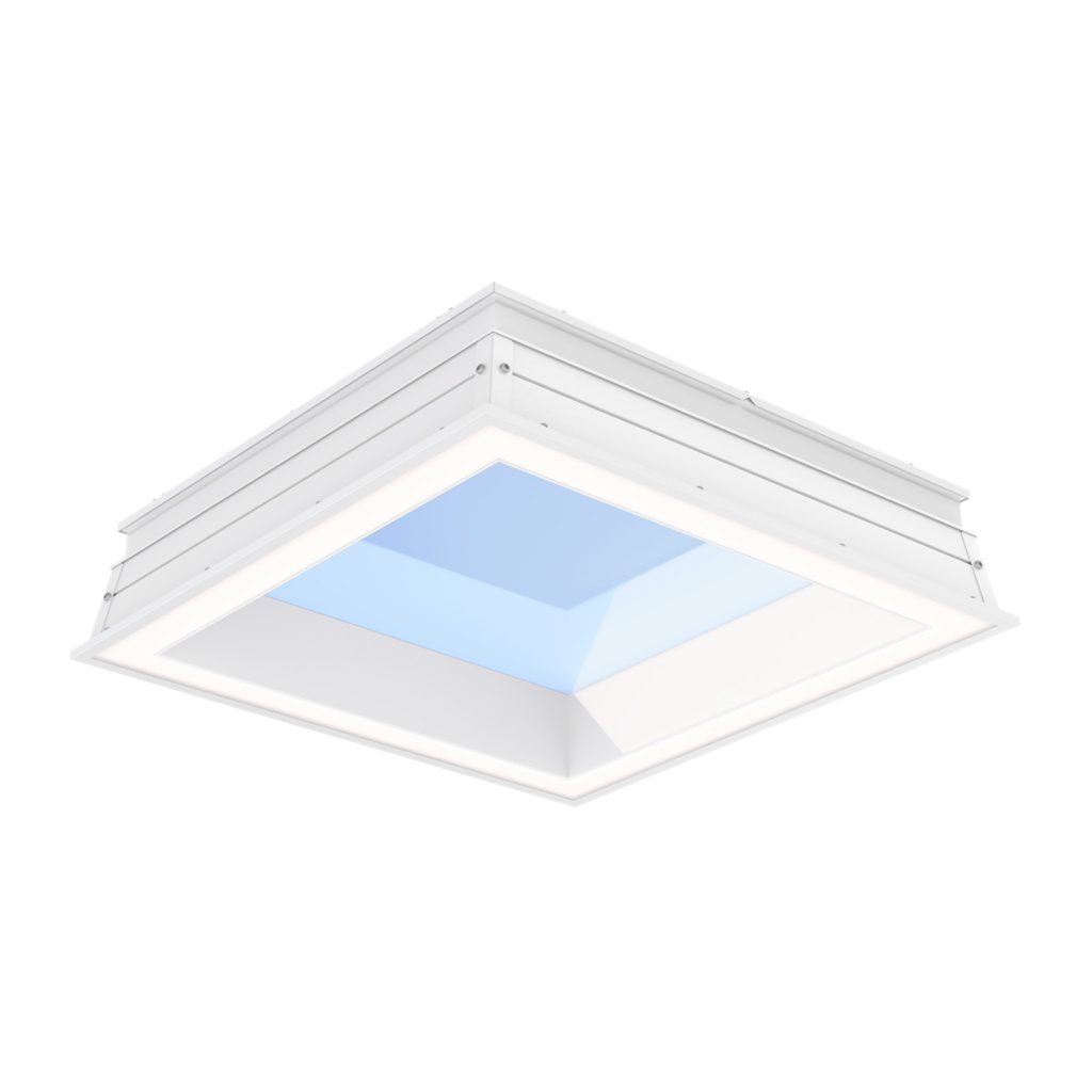 Signify NatureConnect Skylight, vierkant armatuur met witte behuizing en blauwe hemelindruk